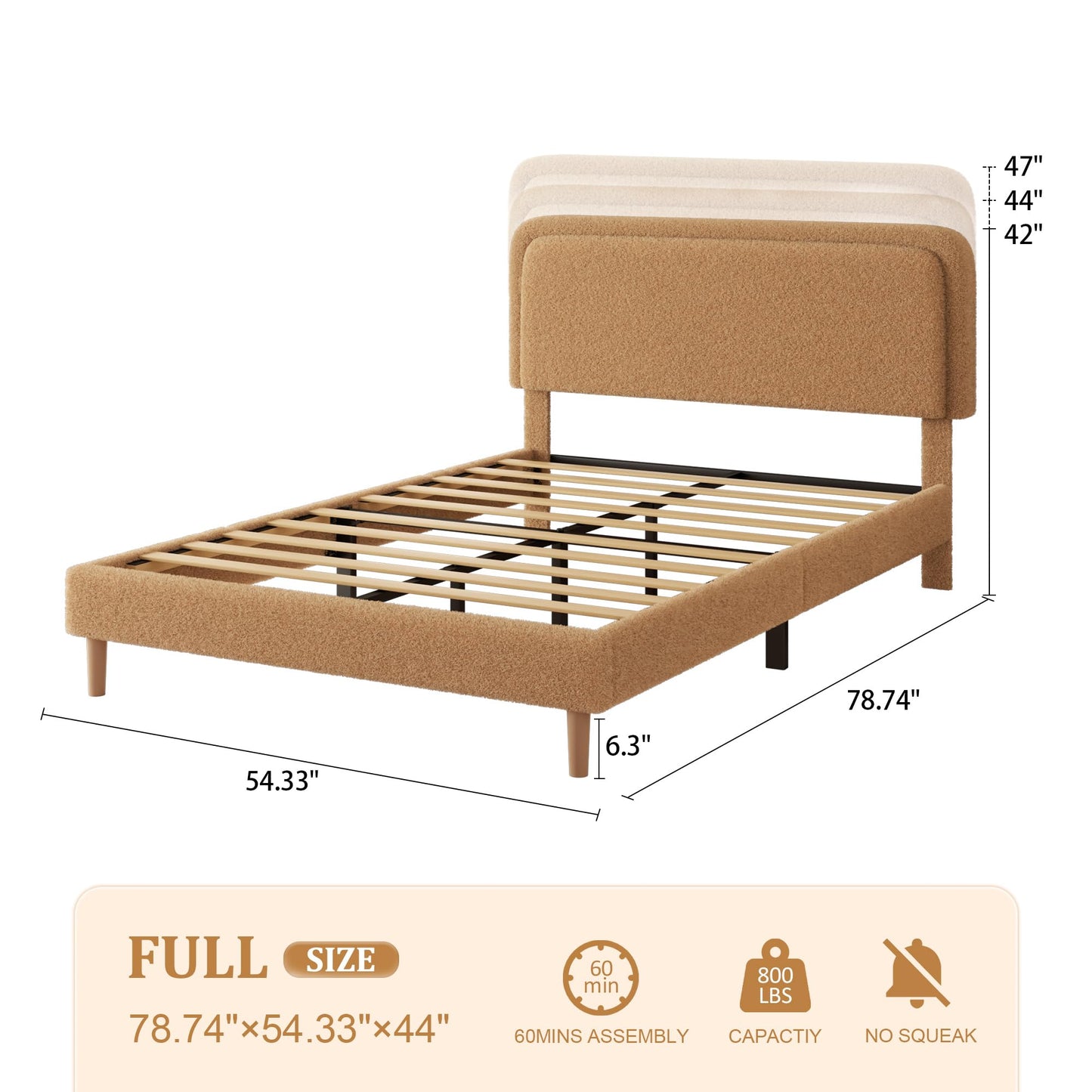 viplov Full Size Boucle Upholstered Platform Bed Frame with Adjustable Headboard, Soft Cloud Bed, No Box Spring Needed, Easy Assembly, Noise Free, Bworn