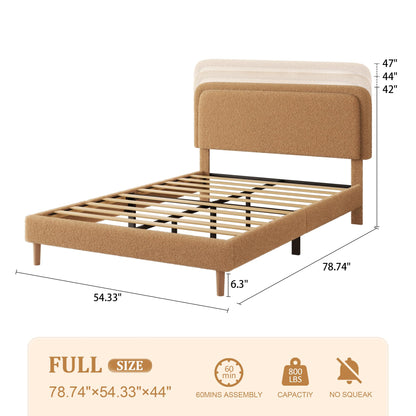 viplov Full Size Boucle Upholstered Platform Bed Frame with Adjustable Headboard, Soft Cloud Bed, No Box Spring Needed, Easy Assembly, Noise Free, Bworn