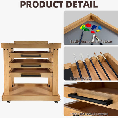 Stuelloaf Art Supplies Cart 5-Tier Organizer,Solid Beeach Wood with 3 Drawers and Caster Wheels, Rolling Utility Storage Cart for Studio, Classroom, Artists