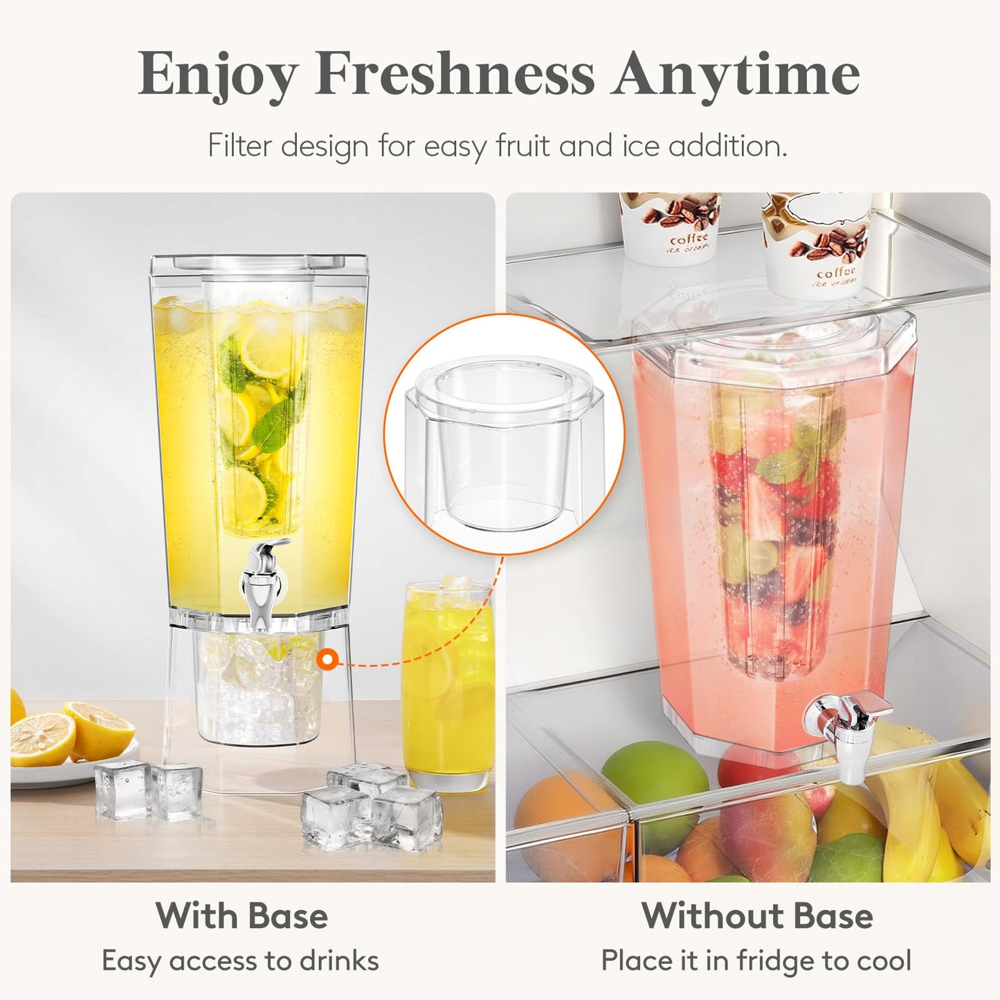 Lifewit 1 Gallon Drink Dispenser for Parties 2 Pcs, Plastic Beverage Container for Juice/Tea/Soda with Stand & Ice Core, Clear Lemonade Dispenser with Spigot, BPA Free Water Pitcher 39 x 16 cm/15x6"