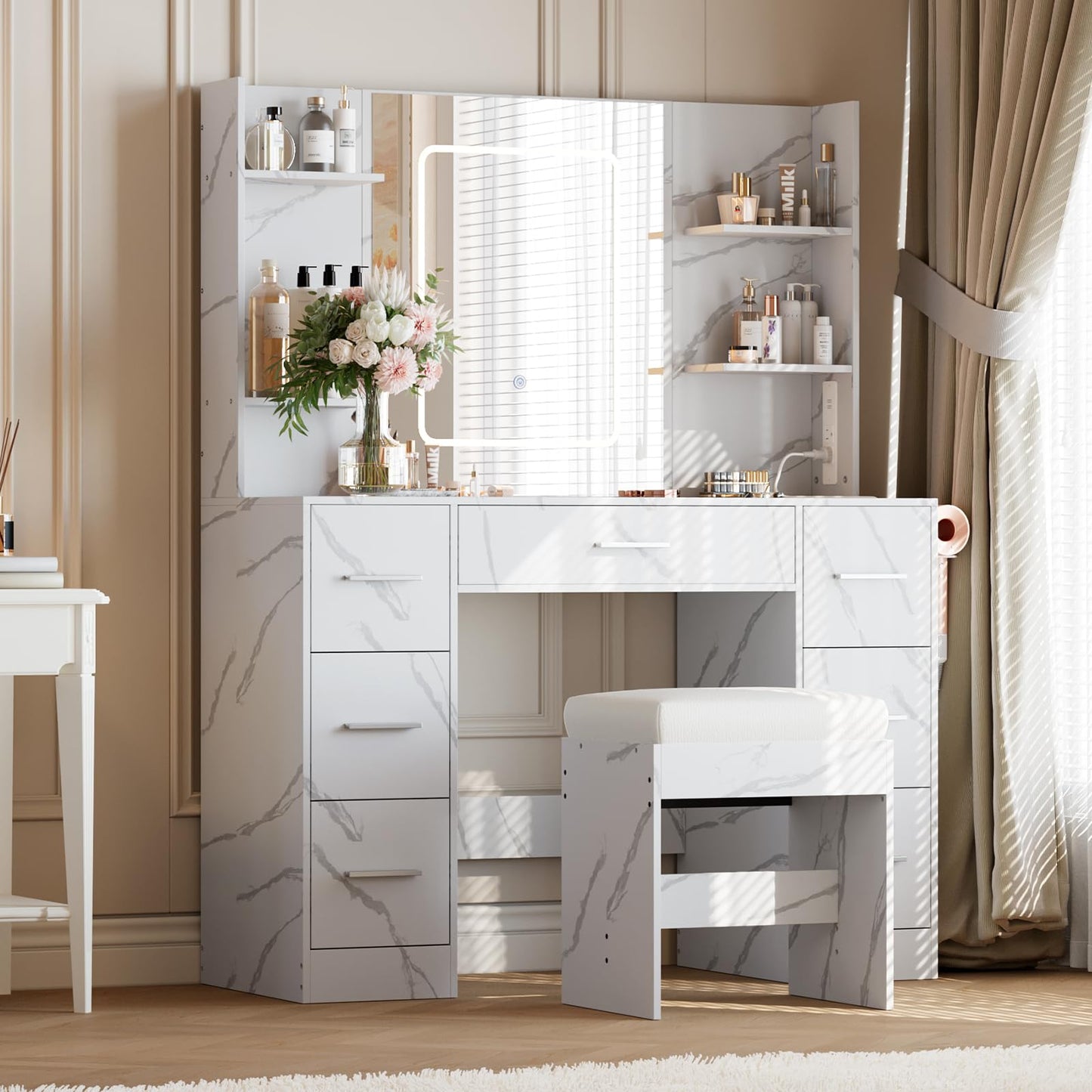GarveeTech Makeup Vanity with Mirror, Light and Chair, Power Outlet, Hairdryer Holder, 7 Drawers, 3 Lighting Modes Brightness Adjustable Dressing Table for Bedroom