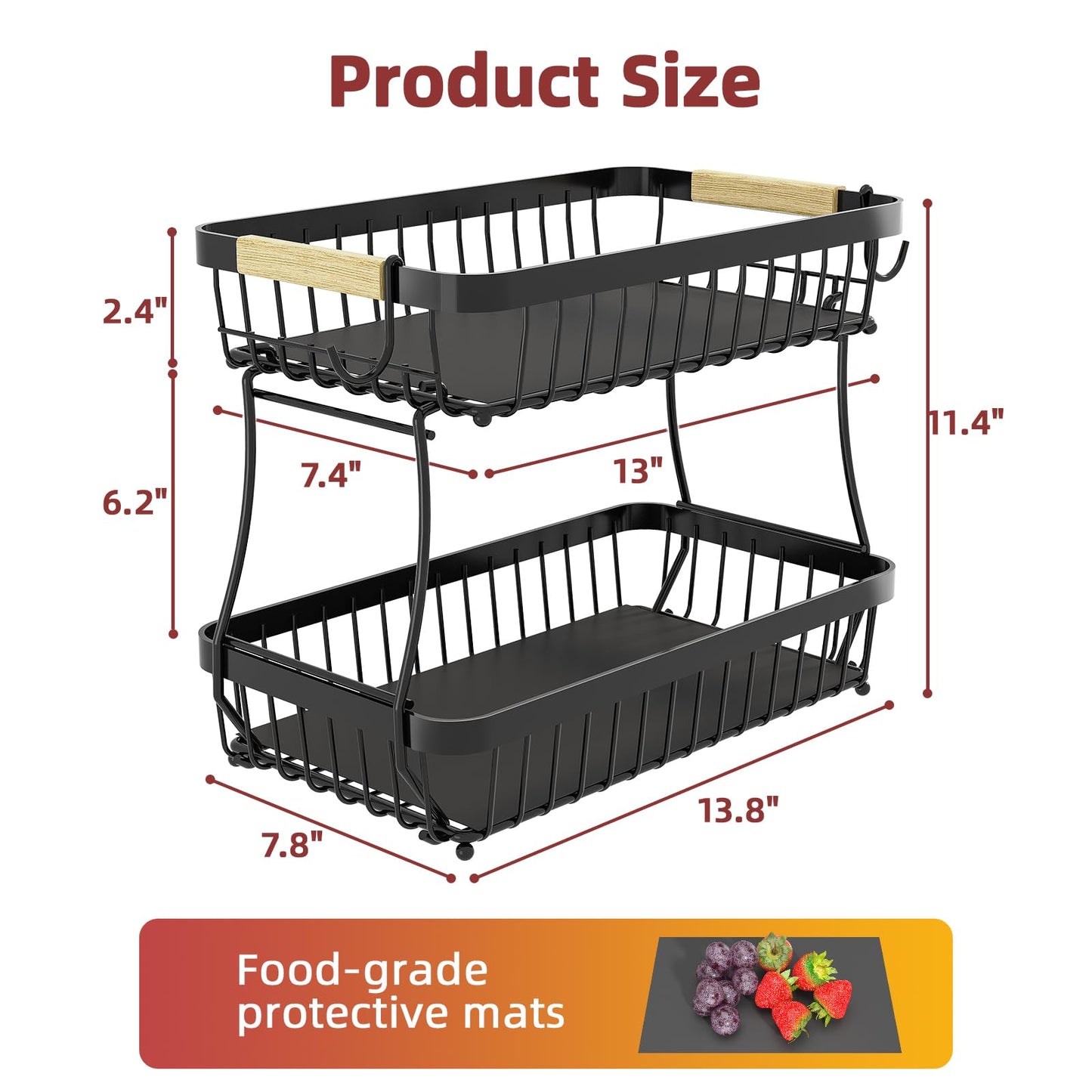 Sevenblue 2 Tier Large Fruit Basket for Kitchen Counter with 2 Mobile Banana Hangers, 2026 Pro Detachable Metal Fruit Bowl with Wooden Handle, Fruit Holder for Bread Snack Veggies with Protective Mats