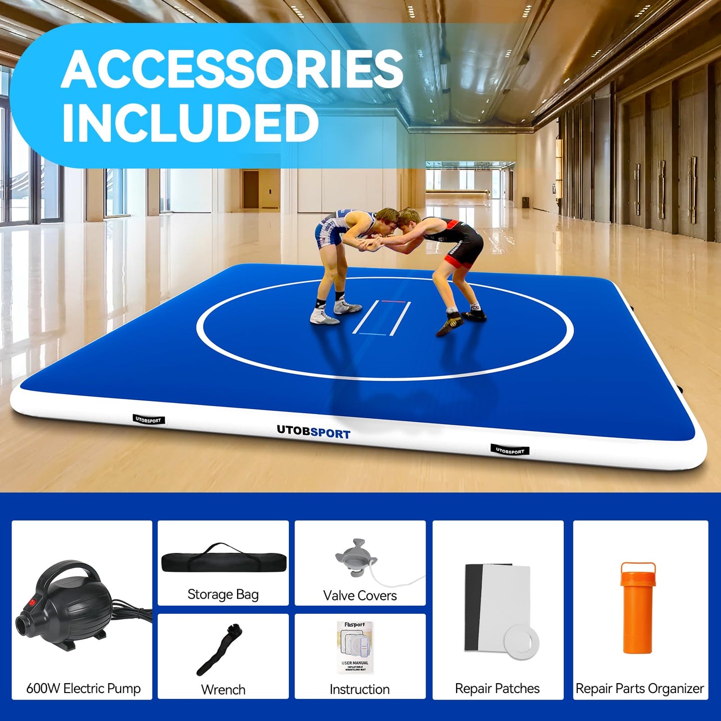 Inflatable Wrestling Mat 10x10FTx6"Thick, Jiu Jitsu Mats, PVC Landing Training Mat Foldable for Home Gym BJJ, MMA, Martial Art, Boxing, Grappling and Judo (Blue White)