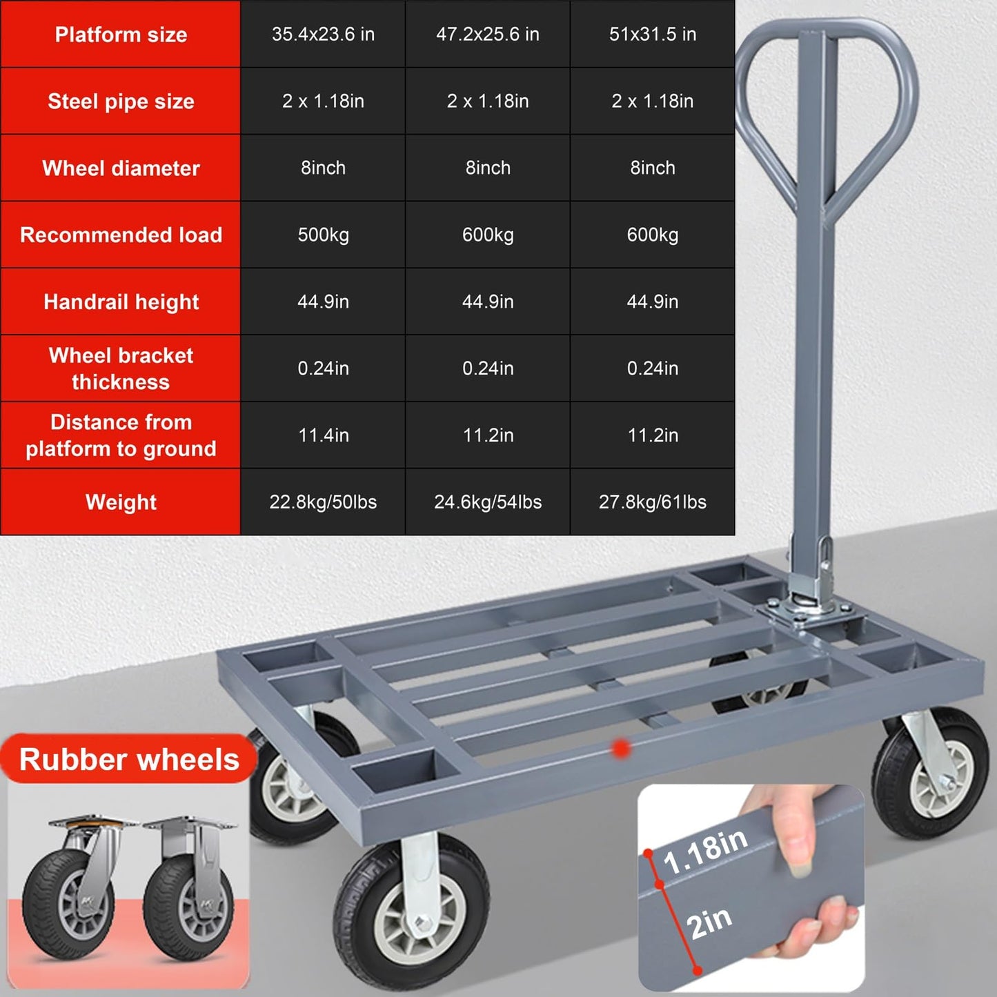 Heavy Duty Platform Cart - Foldable Handle, 180° Rotation, Flatbed Hand Truck for Warehouse, Construction, Moving, Commercial Use