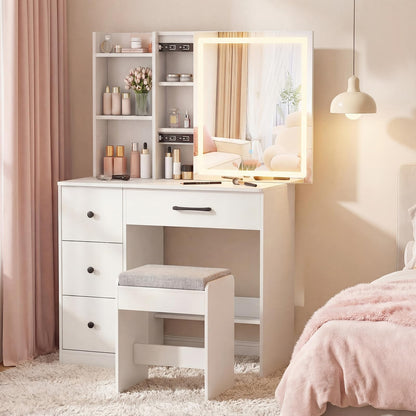 CHARMAID 38" Vanity Desk with Lighted Sliding Mirror, Adjustable LED Lighting, Hidden Storage, 4 Drawers & 3 Shelves, Cushioned Stool, Modern Makeup Vanity Dressing Table Set for Bedroom, White