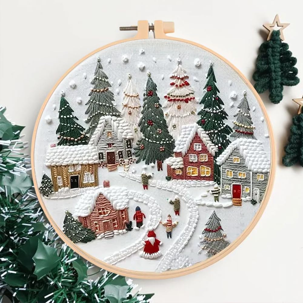 Huacan Embroidery Kits for Adults Beginner DIY Cross Stitch Stamped Christmas Tree Pattern Stitching Sewing Kit 1 Piece 7.8 x 7.8 Inch