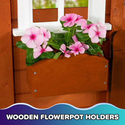Sportspower Swing and Play Wooden Playhouse for Kids, Outdoor Backyard Playhouse with Swing, Picnic Bench, Working Door, Flower Boxes & Wooden Roof, Ages 3–8