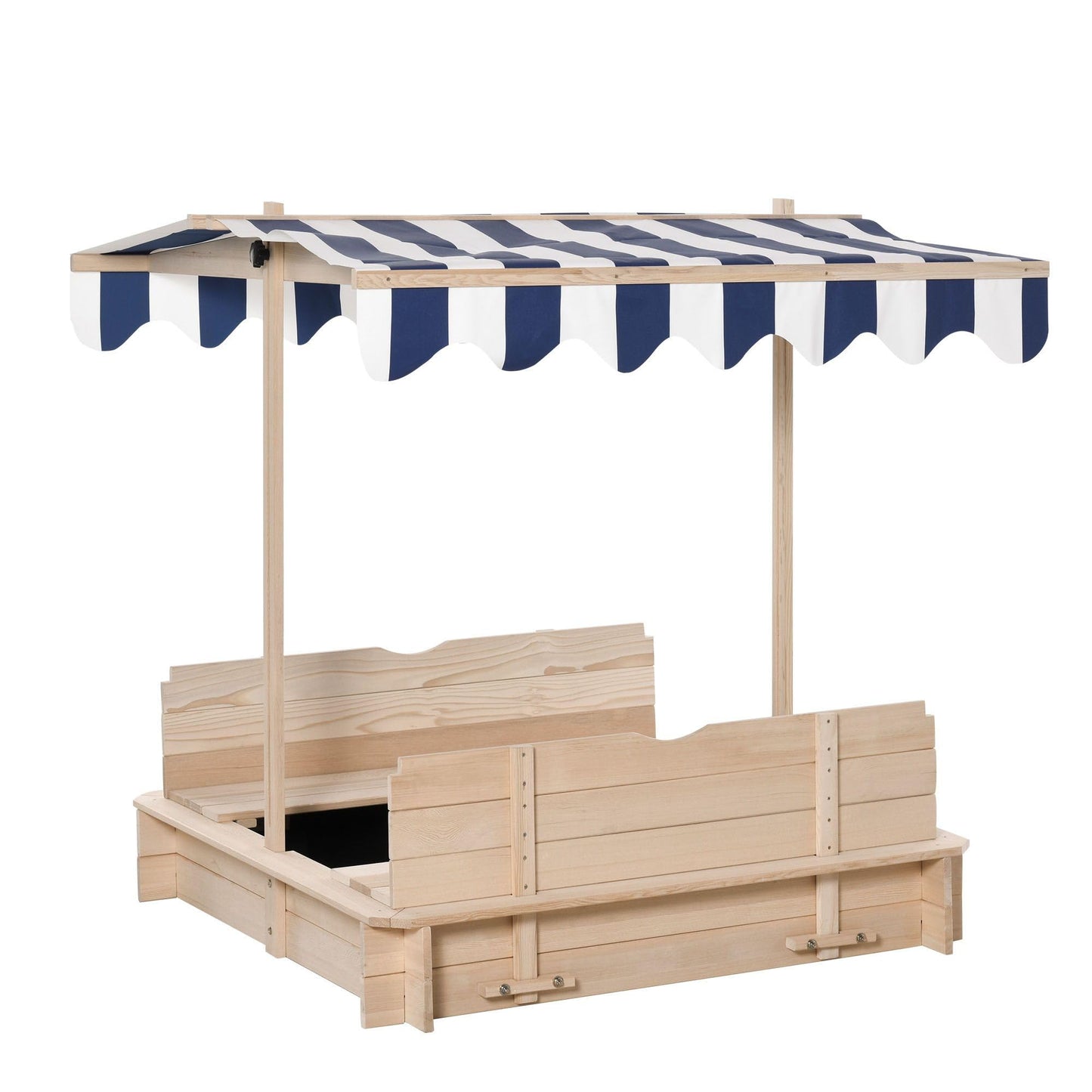 Wooden Kids Sandbox with Cover, Children Outdoor Sand Box with Foldable Bench Seats, Adjustable Canopy, Bottom Liner for Outdoor, Natural