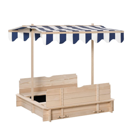 Wooden Kids Sandbox with Cover, Children Outdoor Sand Box with Foldable Bench Seats, Adjustable Canopy, Bottom Liner for Outdoor, Natural