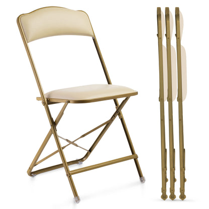 Premium Folding Chairs 4 Pack – Narrow 15” Seat, Padded Seat & Back – Folds Ultra Slim (~1 Inch) – Elegant Event Seating for Weddings, Parties & Dining Gold Frame Almond Vinyl