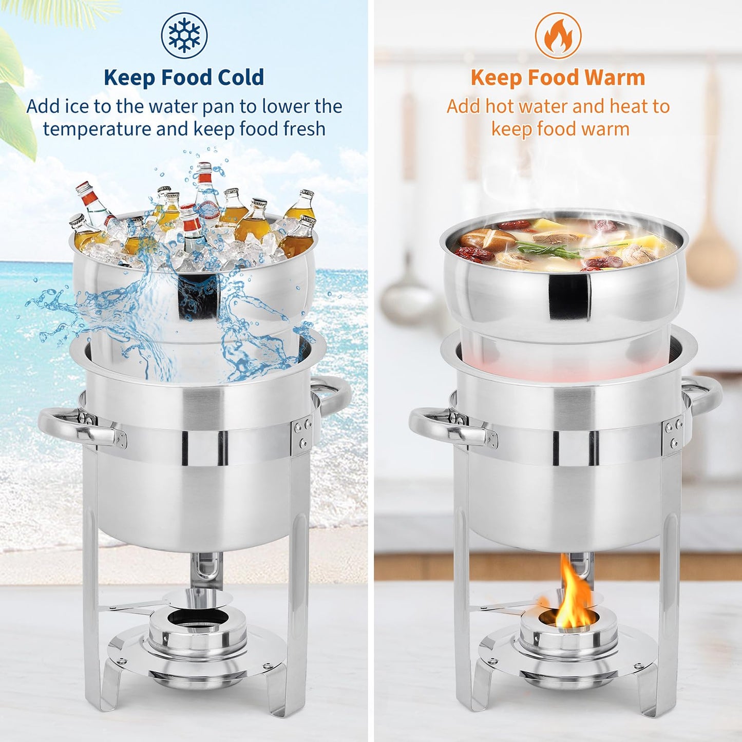 GarveeHome 11QT Soup Chafer Set of 2, Stainless Steel Round Soup Warmer with Pot, Notched Lids & Fuel Holders, Commercial Food Warmer for Buffets, Events and Party Service