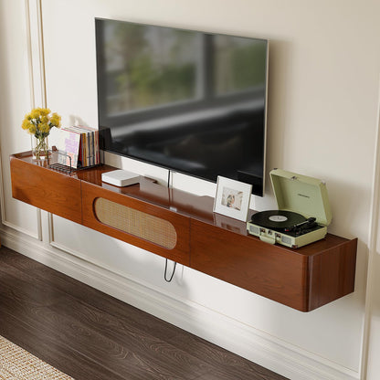 FurniNova Fully Assembled Floating TV Stand Wall Mounted 47'',High Gloss Floating Media Console with 2 Drawers & Rattan Door, Under TV Shelf for Living Room Bedroom Entertainment Center,Walnut