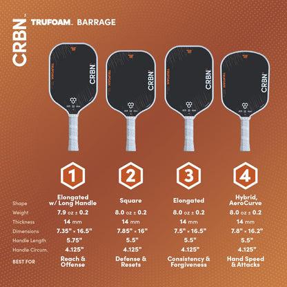 CRBN Pickleball - TruFoam Barrage 3 Pickleball Paddle - Elongated Shape - Carbon Fiber Pickleball Paddle - 100% Foam Floating Core Designed for Maximum Power, 14mm