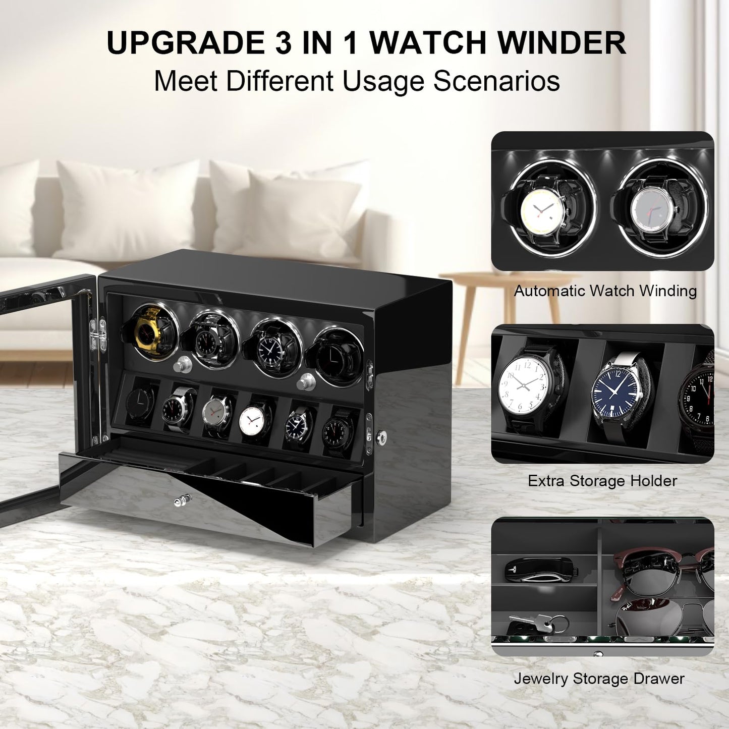 DUKWIN Watch Winder for 4 Automatic Watches, Watch Winders with Watch and Jewelry Storages, Super Quiet Mabuchi Motor with High-Gloss Piano Lacquer Finish,Built-in Illumination