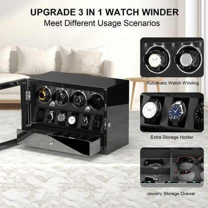 DUKWIN Watch Winder for 4 Automatic Watches, Watch Winders with Watch and Jewelry Storages, Super Quiet Mabuchi Motor with High-Gloss Piano Lacquer Finish,Built-in Illumination