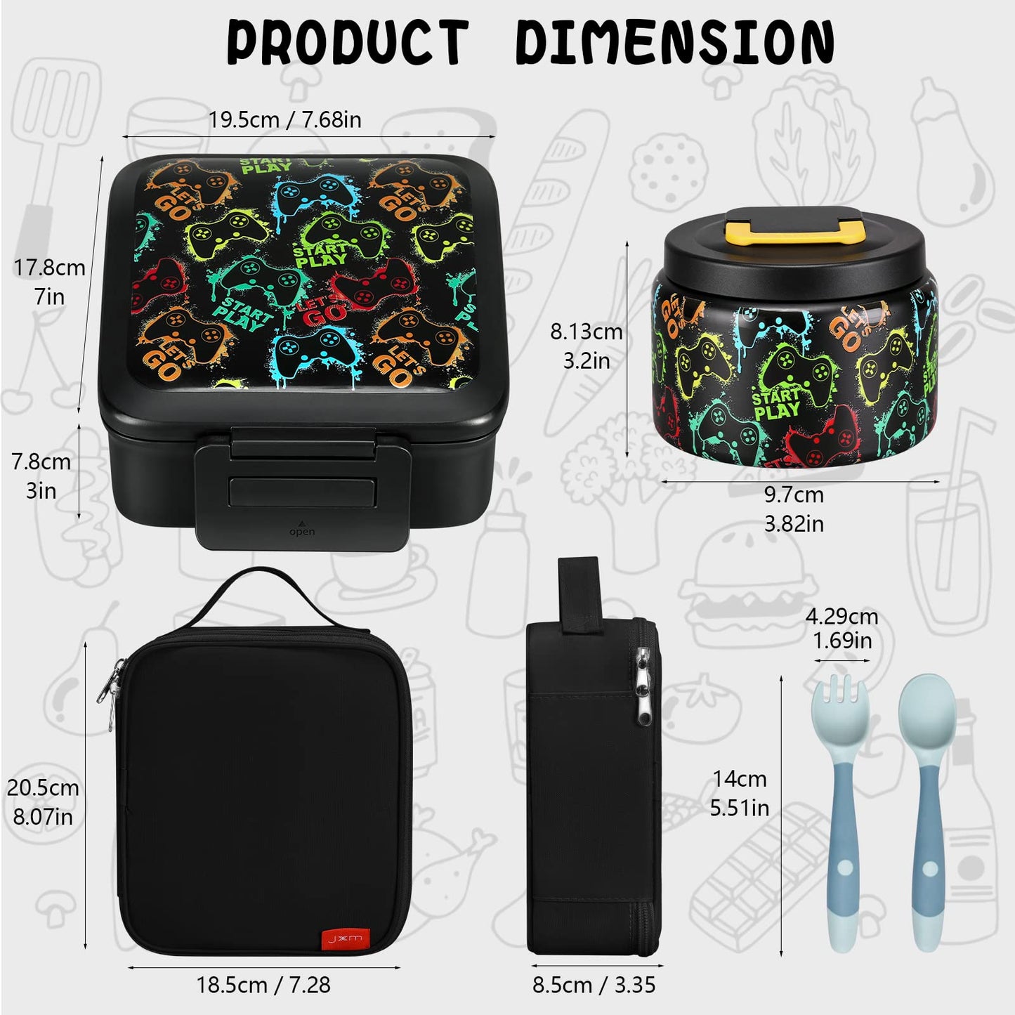 JXXM Bento Lunch Box for Kids With 8oz Soup thermo,Leak-proof Lunch Containers with 5 Compartment,thermo Food Jar and Lunch Bag, Food Containers for School (A-Black(Game Consoley))
