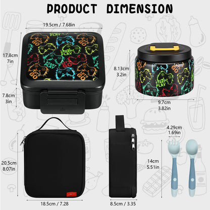 JXXM Bento Lunch Box for Kids With 8oz Soup thermo,Leak-proof Lunch Containers with 5 Compartment,thermo Food Jar and Lunch Bag, Food Containers for School (A-Black(Game Consoley))