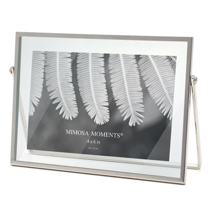 MIMOSA MOMENTS 4x6 Silver Metal Floating Picture Frame, Horizontal Double Glass Tabletop Display, Modern Minimalist Photo Frame for Home & Office Decor