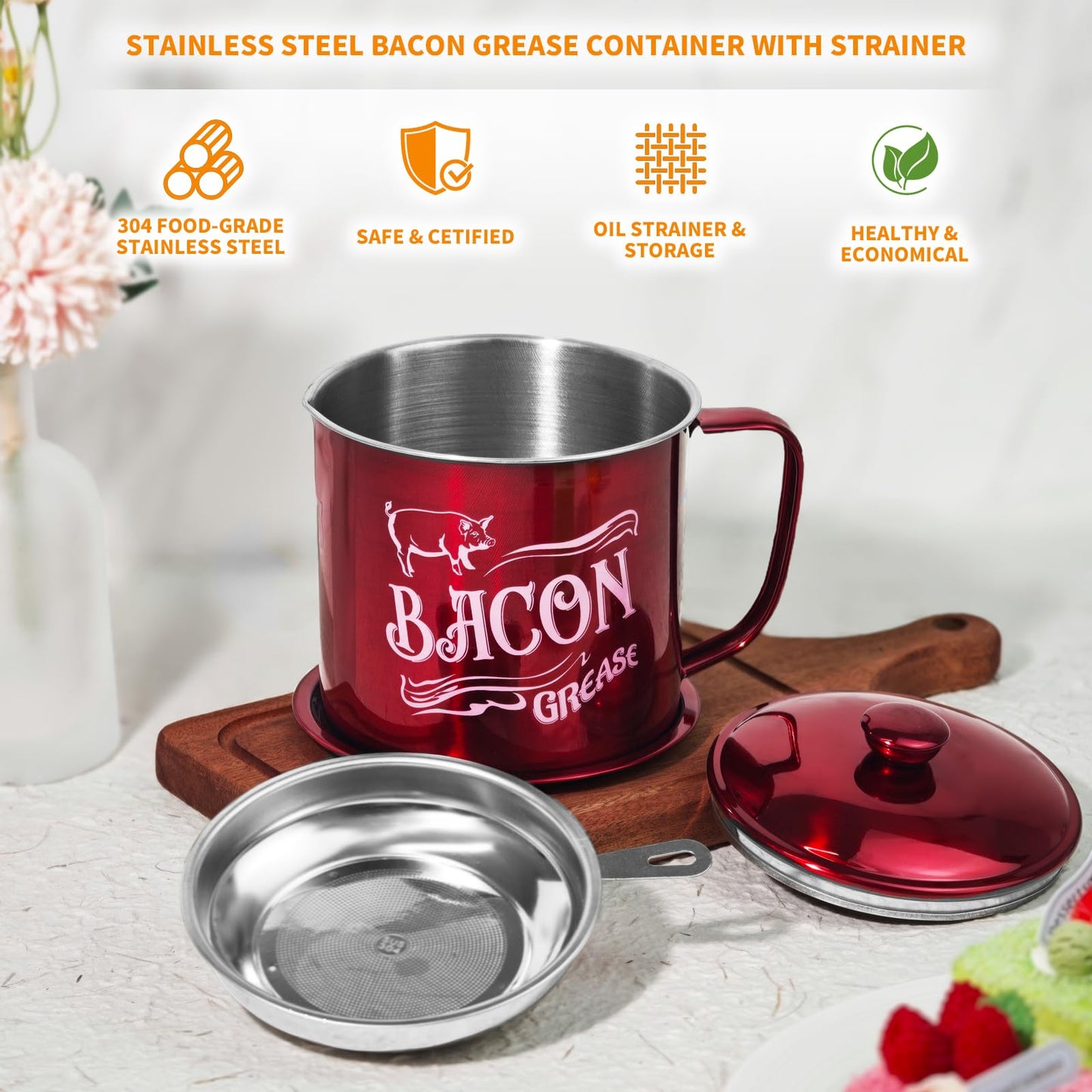 QMET 1.3L Bacon Grease Saver Container with Fine Mesh Strainer,Stainless Steel Oil Keeper Can for Bacon,46oz Large Rustic Farmhouse Fat Container, Keeper, Recipes, Dishwasher Safe (Red)