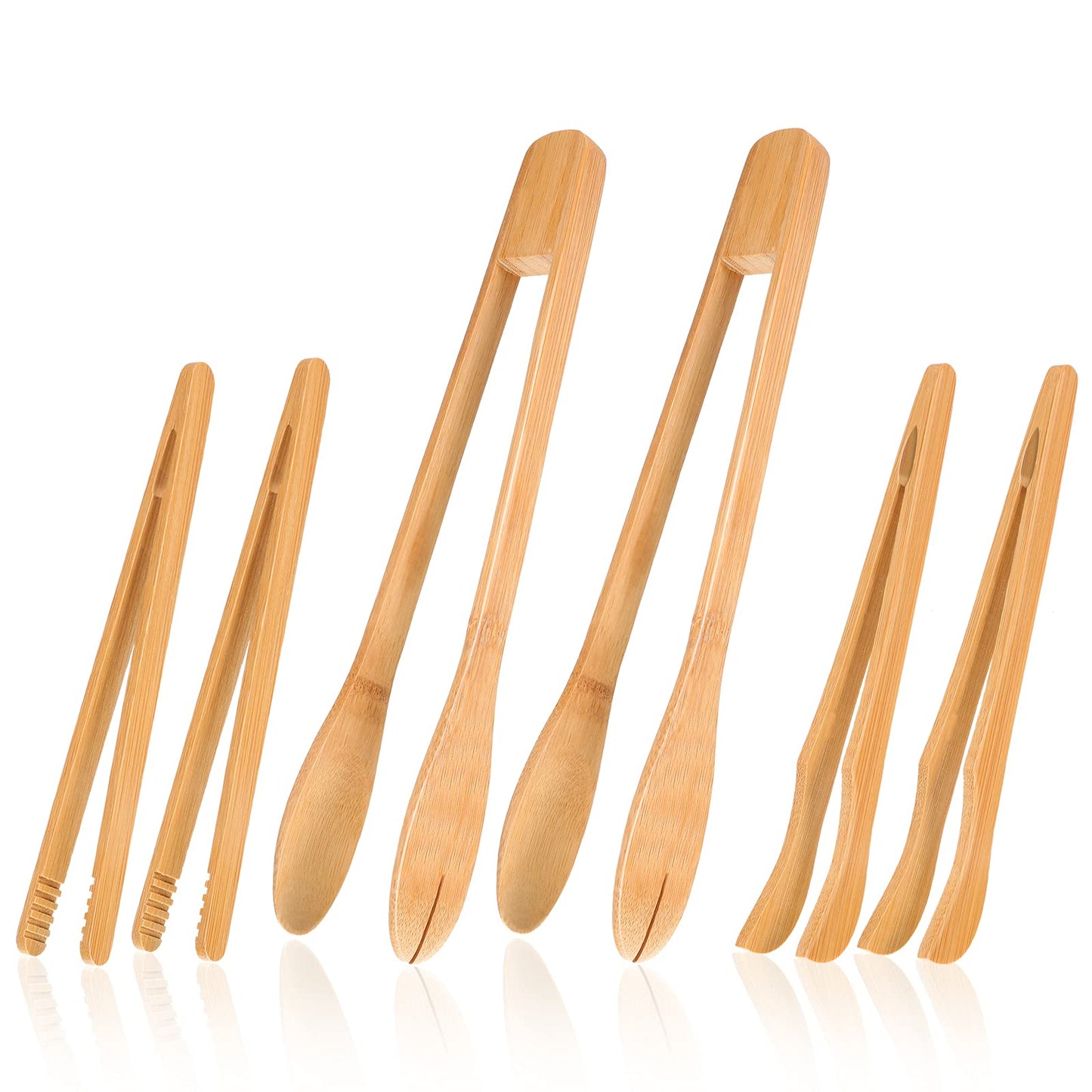 Zopeal 6 Pcs Bamboo Utensils for Cooking Wooden Toaster Tongs Long Cooking Salad Tongs for Picking up Cheese Bacon Toast Cake Fruits Bread Spaghetti for Kitchen Women Men