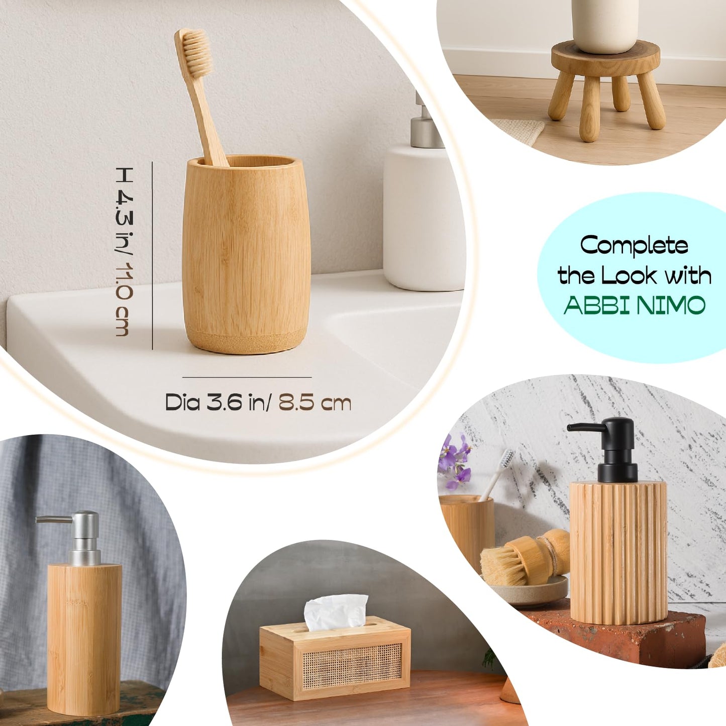 ABBI NIMO Natural Bamboo Toothbrush Holder 2 Pack, Simple Minimal Cylindrical Tumbler for Bathroom Countertop, Unbreakable Makeup Brush or Pen Organizer, Desktop Accessory