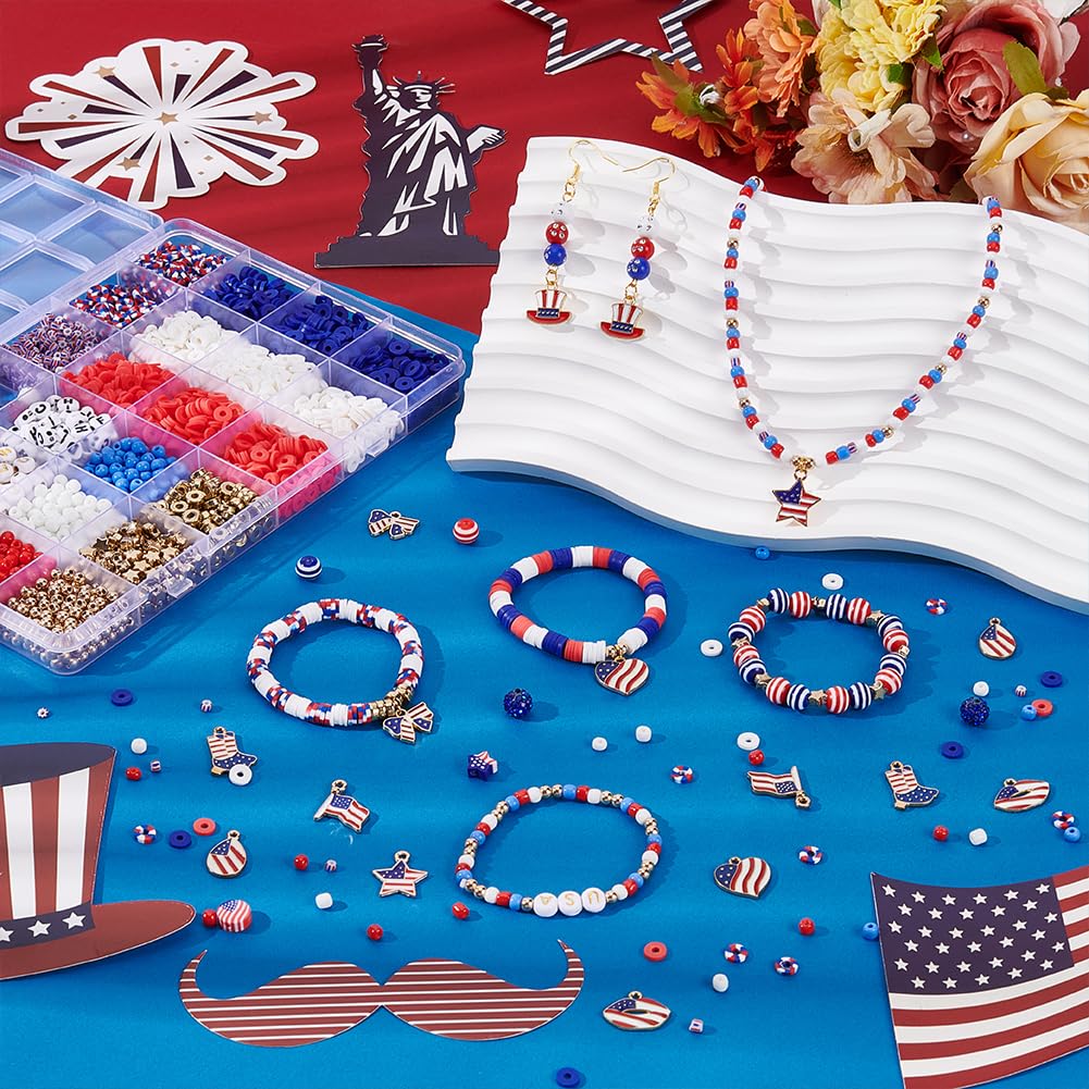 PH PandaHall 3014pcs Polymer Clay Beads Kit for 4th of July, Red White Blue Patriotic Beads Glass Seed Bead with Charms Cords for Bracelets Necklace Jewelry Making, Independence Day Party Decoration