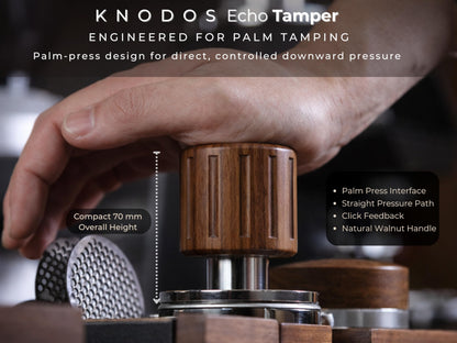 KNODOS Echo Tamper 58mm – Walnut Calibrated Coffee Tamper with Click Feedback, Stainless Steel Base – Premium 30LB Spring Loaded Espresso Tool for Perfectly Even Tamping Pressure