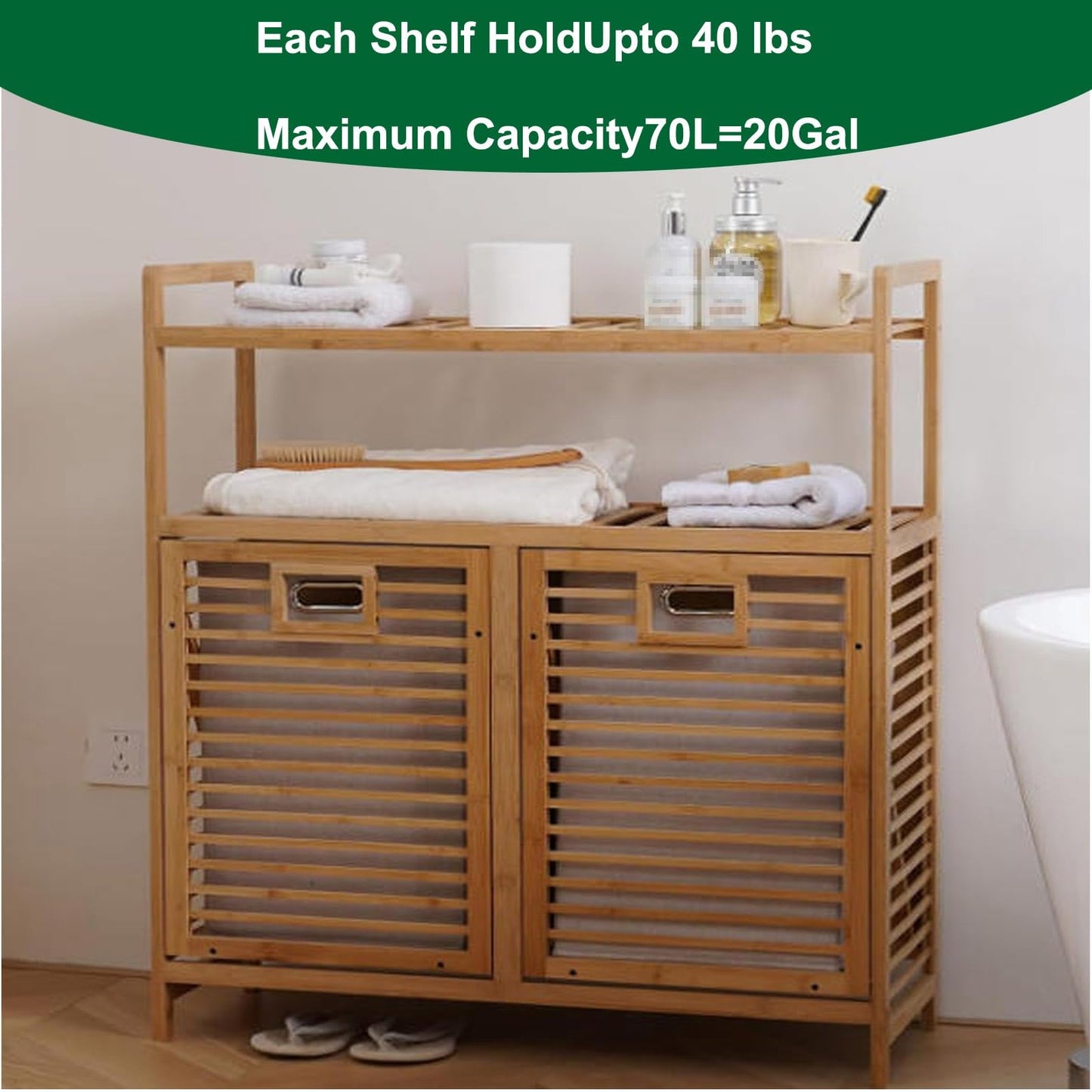 Tilt Out Bamboo Laundry Hamper Cabinet, 2 Removable 70L Bags, 2-Tier Shelves, 31.5"x11.8"x36.8" Freestanding Organizer for Bathroom Laundry Room & Bedroom