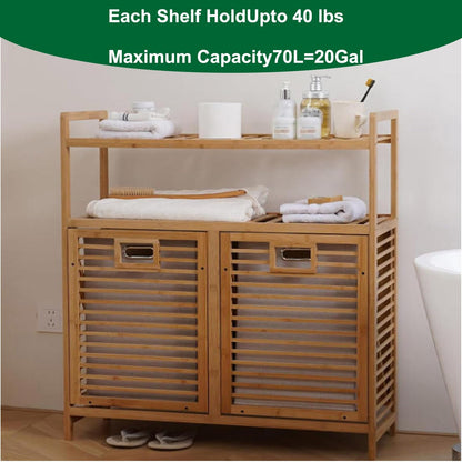 Tilt Out Bamboo Laundry Hamper Cabinet, 2 Removable 70L Bags, 2-Tier Shelves, 31.5"x11.8"x36.8" Freestanding Organizer for Bathroom Laundry Room & Bedroom