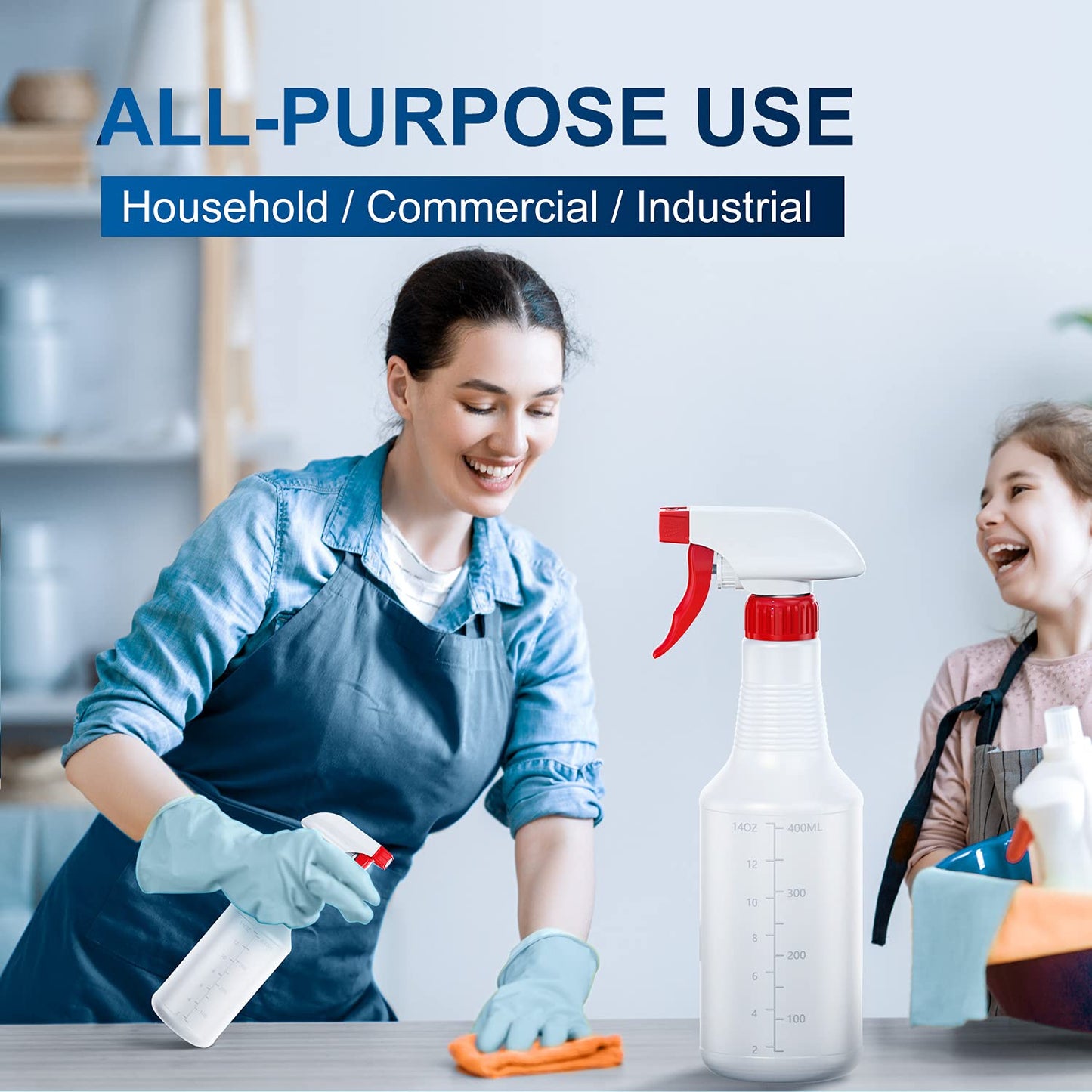 Veco Spray Bottle (5 Pack,16 Oz) with Measurements and Adjustable Nozzle(Mist & Stream Mode), HDPE Plastic Spray Bottles for Cleaning Solution, Household/Commercial/Industrial Use, No Leak and Clog