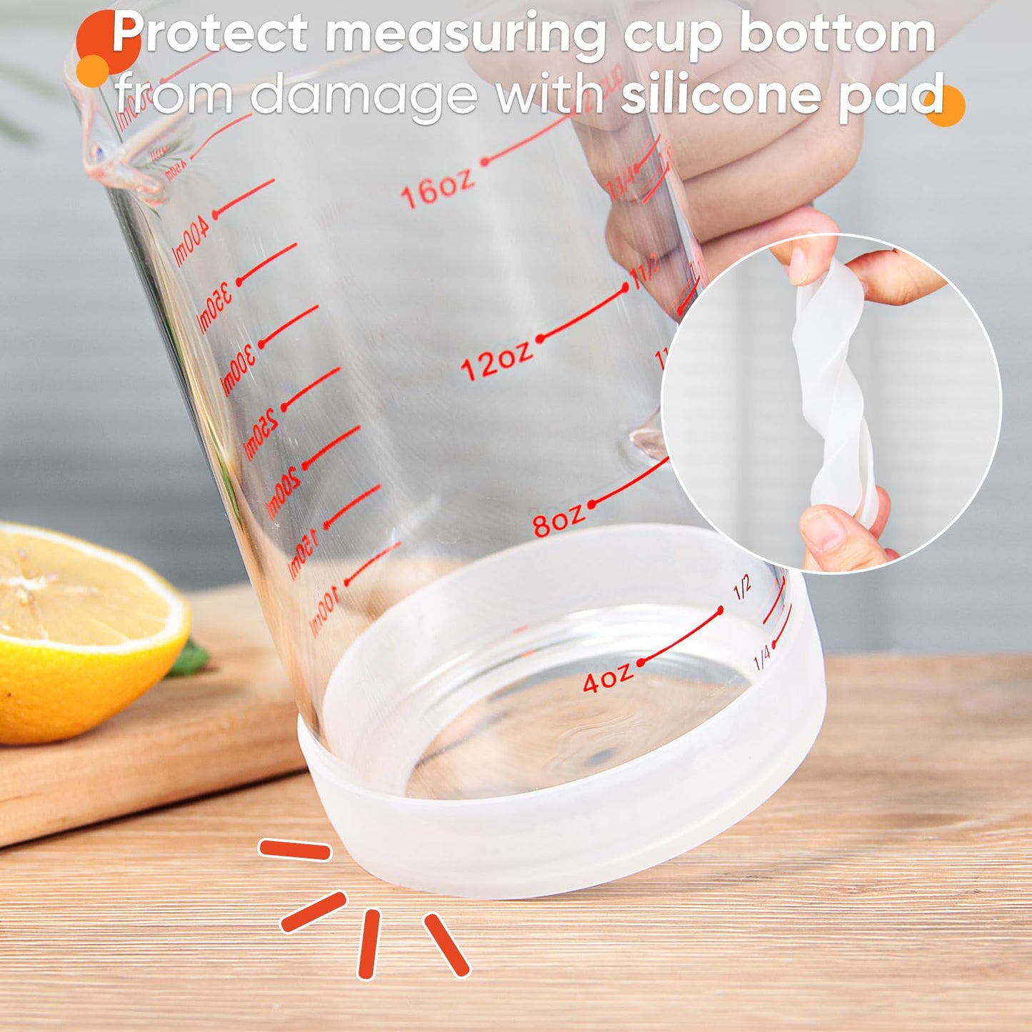 2 Cup Glass Measuring Cup with Handle, 77L High Borosilicate Glass Measuring Cup with V-Shaped and Three Scales (Cup, OZ, ML), Glass Liquid Beaker with Silicone Base, Double-Sided Measure Scales