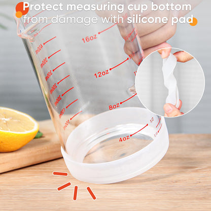 2 Cup Glass Measuring Cup with Handle, 77L High Borosilicate Glass Measuring Cup with V-Shaped and Three Scales (Cup, OZ, ML), Glass Liquid Beaker with Silicone Base, Double-Sided Measure Scales