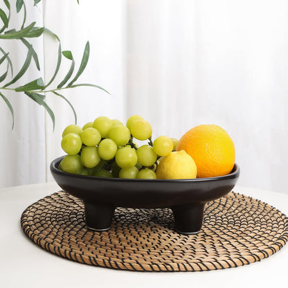 Sureasy 10 Inch Ceramic Fruit Bowl for Kitchen Counter, Decorative Bowl for Home Décor, Modern Pedestal Bowl with 4-Legs, Oval Footed Bowls, Fruit and Vegetable Holder Countertop, Black