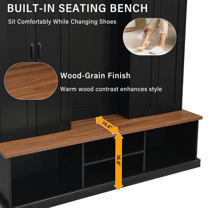 Merax 62.2''W Entryway Hall Tree with Bench, 3 Top Cubbies & Bottom Storage Space, Farmhouse Coat Rack with Hooks & Cabinets for Entryway, Hallway, Mudroom, Living Room