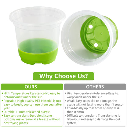 MIXC 30 Packs 4" Reinforced Clear Nursery Pots with Silicone Base for Easy Transplant, Transparent Plastic Plant Pot Reusable Seedling Pots Seed Starter Pots Flower Pot, Green
