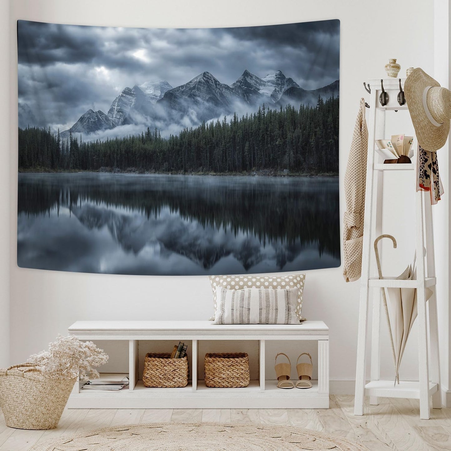 JAWO Landscape Tapestry Wall Hanging, Lake with Mountain Forest Scenic, 71X60 Inches Polyester Fabric