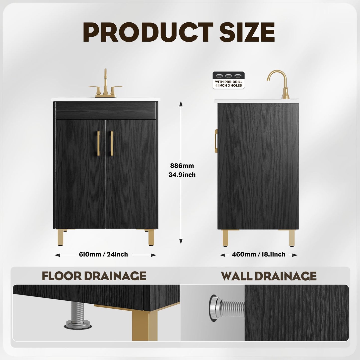 phiestina 24 Inch Fully Pre-Assembled Black Bathroom Vanity with Single Ceramic Countertop Sink Combo, 2 Soft Close Doors Bathroom Cabinet Set, Faucet Not Included, BV01-BLACK-JH