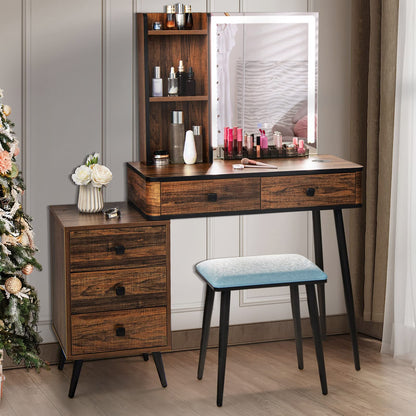 CHARMAID Makeup Vanity Table with Large Lighted Mirror, 3 Lighting Sets, Human Body Induction, Side Cabinet, 2 Drawers, Storage Shelves, Cosmetic Tray, Dressing Vanity Desk with Stool