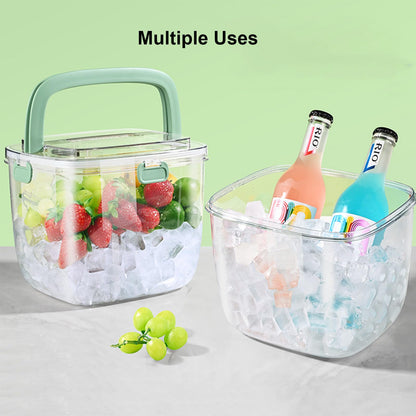 Yamteck Portable Ice Bucket with Lid & Tong for Outdoor Camping, Clear Plastic Storage Bin for Freezer, Refrigerator, Whiskey, Wine, Cocktail Party, Big Cube Mold Tray for Ice Bath