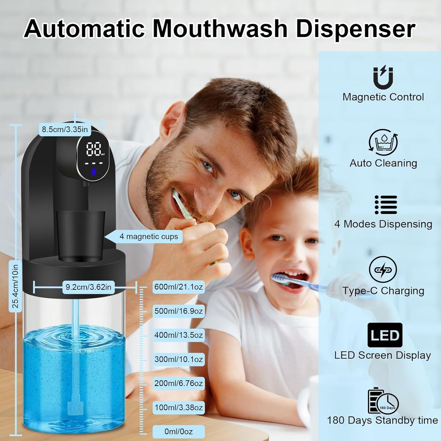 20.29 oz 4 4 Automatic Mouthwash Dispenser for Bathroom, Touchless Smart Wall-Mounted Mouth Wash Dispensers, Magnetic
