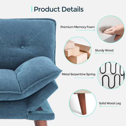 LINSY HOME Futon Sofa Bed, 70" Chenille Futon Couch with Adjustable Backrest Armrest, 3 in 1 Convertible Comfy Loveseat Sleeper Sofa Bed for Small Spaces Dorm Room Apartment Home Office（Blue）
