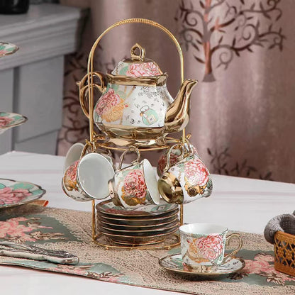 CHANJOON sets Set, Sets Set 6 tea Gold Plated Red Rose Ceramic Tea Vintage Teapot Tea Beautiful Tea Coffee Serving