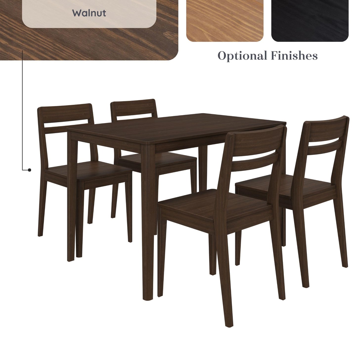 Grain & Grove Crew 5-Piece Dining Set – Solid Wood 43” Rectangular Table and 4 Chairs, Seats 4, Small Kitchen or Dining Room Set, Easy Assembly, Walnut