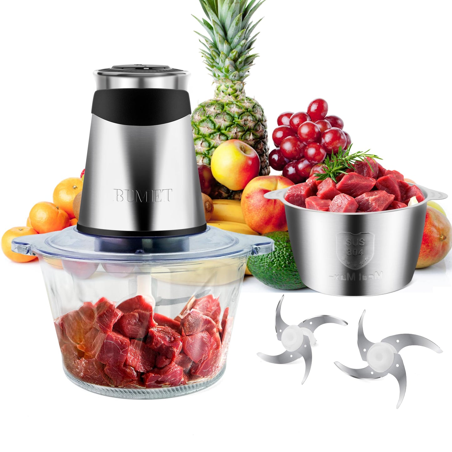 BUMET Electric food processor vegetable chopper 500W 2x8cup bowls 2 bi-layer 4 blades Small Food chopper ideal as Electric Meat grinder for home use,Mincing,chopping for kitchen aid,baby foot,pet food