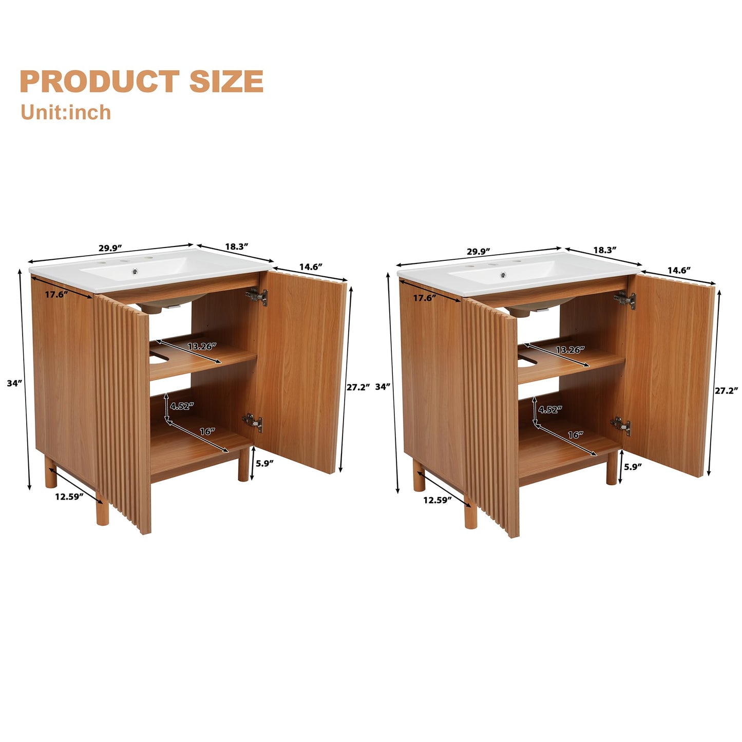 Merax 59.8" Bathroom Vanity with Ceramic Sink, Double Bathroom Vanity Combo, Freestanding Bathroom Cabinet with Wooden Legs, MDF Structure, Soft Close Doors, Adjustable Shelf