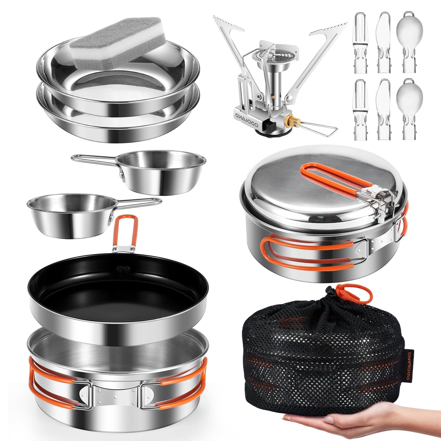 Odoland 15pcs Stainless Steel Camping Cookware Camping Pot and Pan Set with Portable Camping Stove Camping Mess Kit with Plates Bowls Forks Knives Spoons for Hiking Backpacking and Picnic