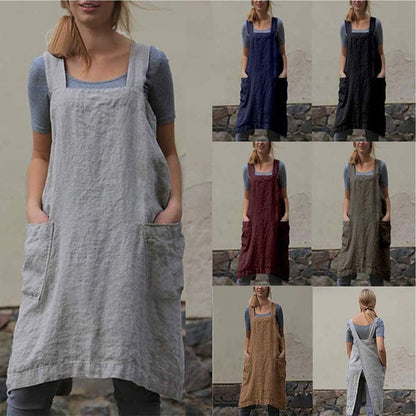 Women's Cross Back Pinafore Apron with Pockets, Cotton Linen Dress, Plus Size