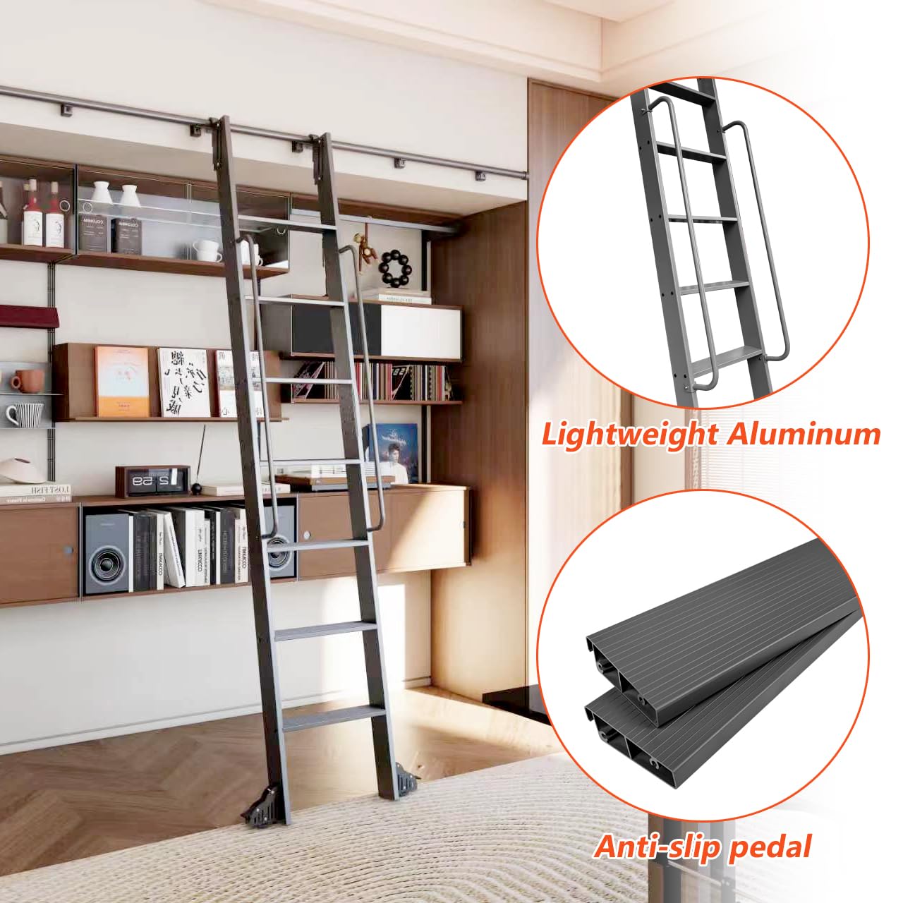 DIYHD 96" Lightweight Sliding Library Ladder with Handrail, Rolling Bookshelf Ladder with 4FT Rail System, Telescopic Top Hook, Upright Space-Saving Storage Design, 8 Steps, 300 Pound Capacity, Black
