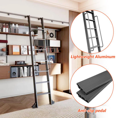 DIYHD 96" Lightweight Sliding Library Ladder with Handrail, Rolling Bookshelf Ladder with 4FT Rail System, Telescopic Top Hook, Upright Space-Saving Storage Design, 8 Steps, 300 Pound Capacity, Black
