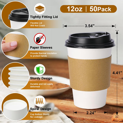 Lamosi 50 Pack 12 oz Disposable Coffee Cups with Lids and Sleeves, Leak-Proof To Go Coffee Cups with Lids, Hot/Cold Beverage White Drinking Cup for Home, Office, Parties, Travel